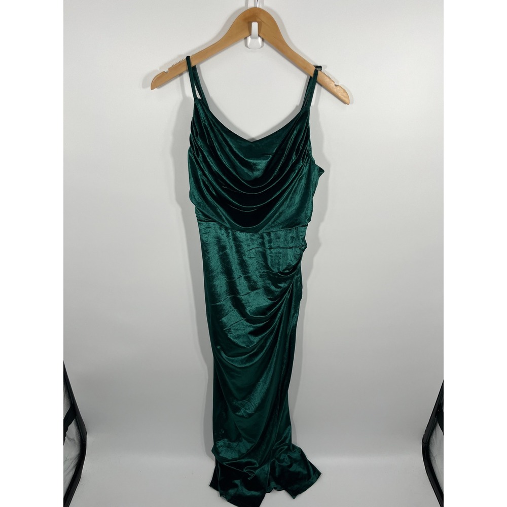 Womens Velvet Maxi Dress XXL Green Cowl Neck Slit Formal Event Guest Gala HOCO